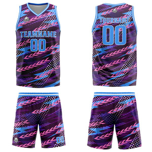 Uniforme de baloncesto personalizado rosa y azul con tu logotipo-nombre y número impresos