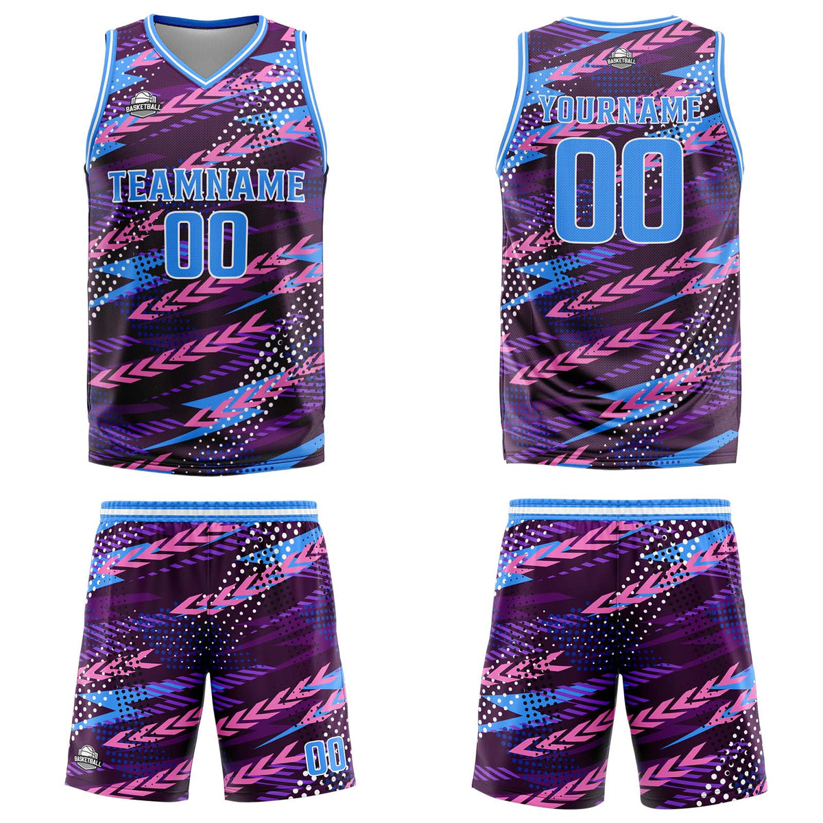 Uniforme de baloncesto personalizado rosa y azul con tu logotipo-nombre y número impresos