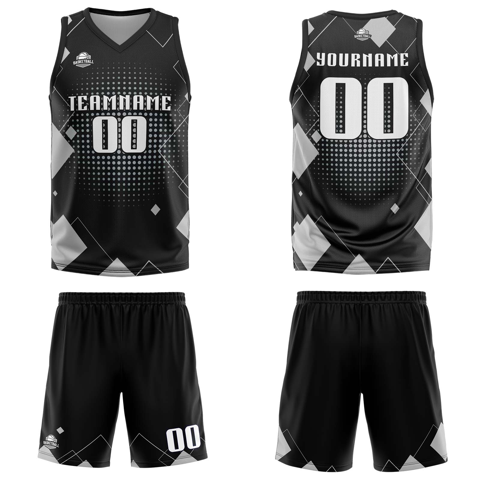 Uniforme de baloncesto gris con diseño geométrico personalizado-estampado con tu logotipo-nombre y número