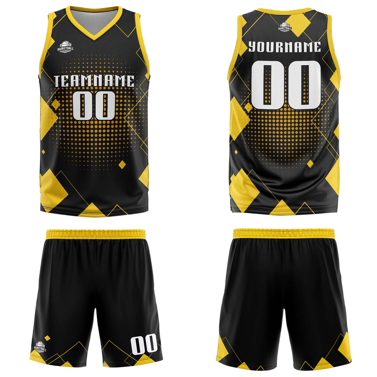 Uniforme de baloncesto amarillo con diseño geométrico personalizado-estampado con tu logotipo-nombre y número