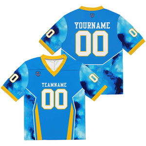 Camiseta de fútbol personalizada con nombre y número del equipo impresos y bordados-color azul y amarillo