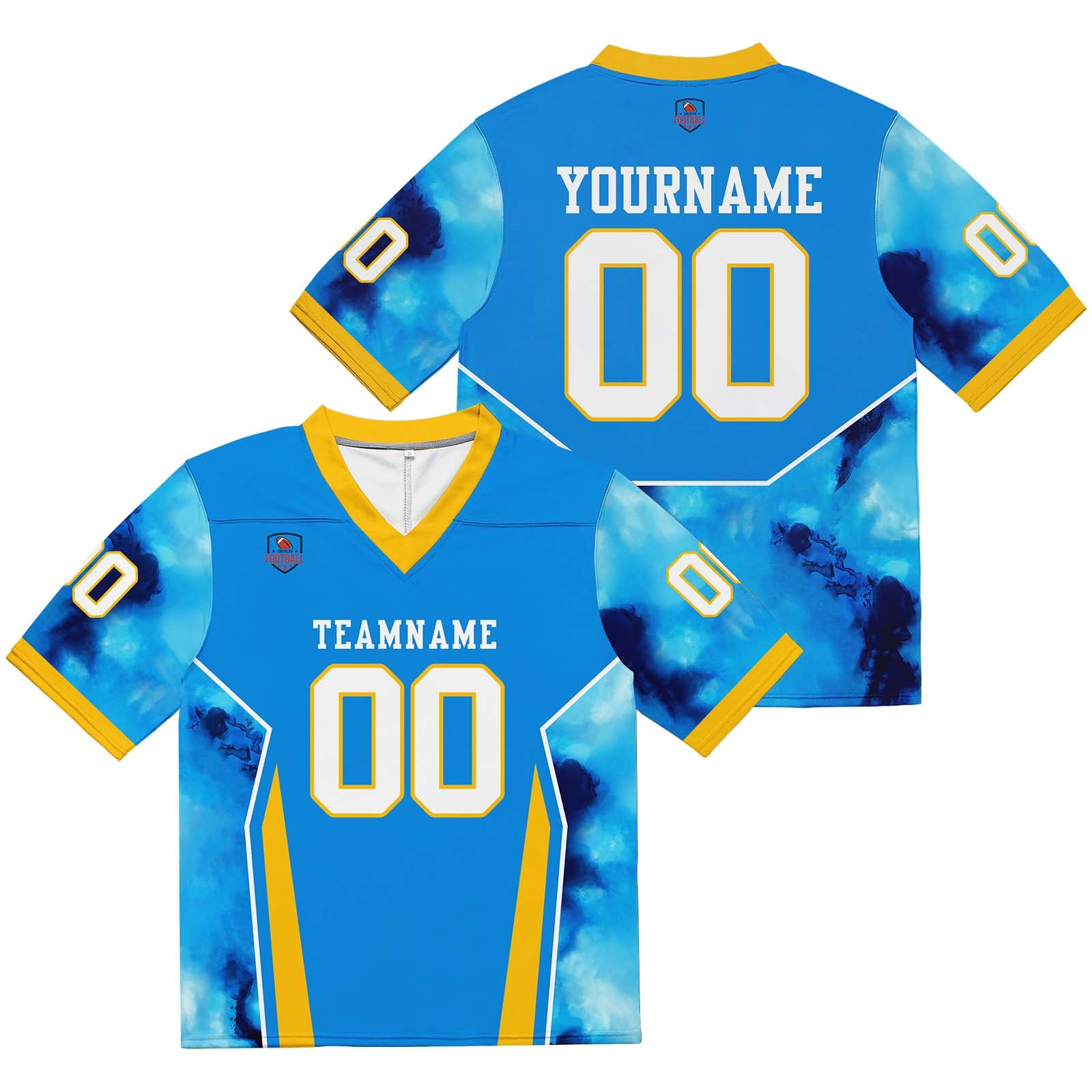 Camiseta de fútbol personalizada con nombre y número del equipo impresos y bordados-color azul y amarillo