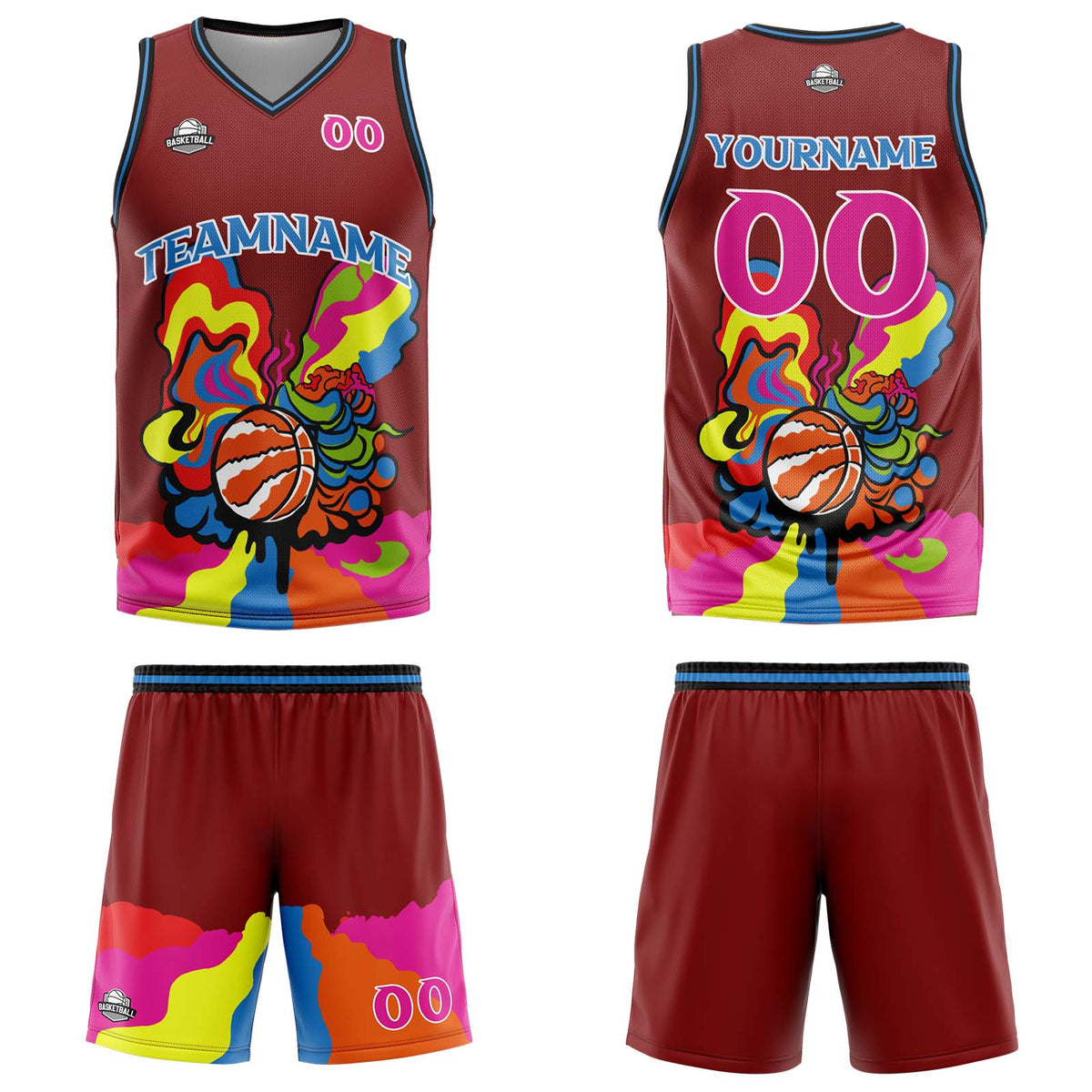 Uniforme de baloncesto personalizado color burdeos con tu logotipo-nombre y número impresos