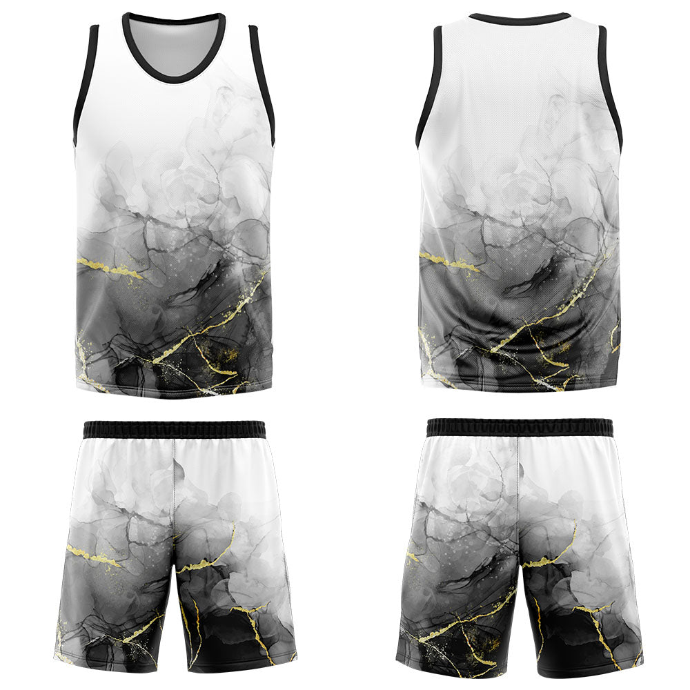 Uniforme de baloncesto personalizado en blanco y negro con tu logotipo-nombre y número impresos