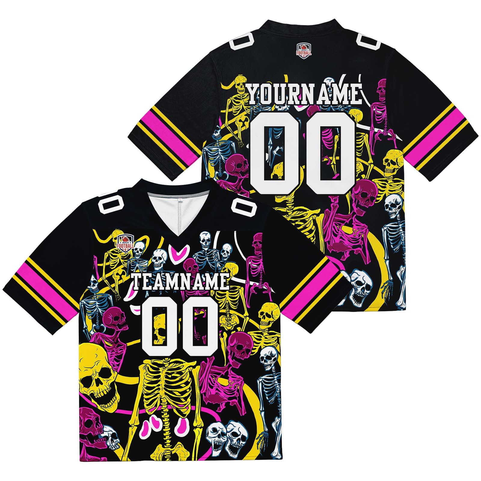 Camiseta de fútbol personalizada con nombre y número del equipo bordados e impresos (Esqueleto Amarillo)