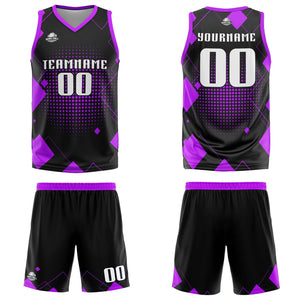 Uniforme de baloncesto morado con diseño geométrico personalizado-estampado con tu logotipo-nombre y número