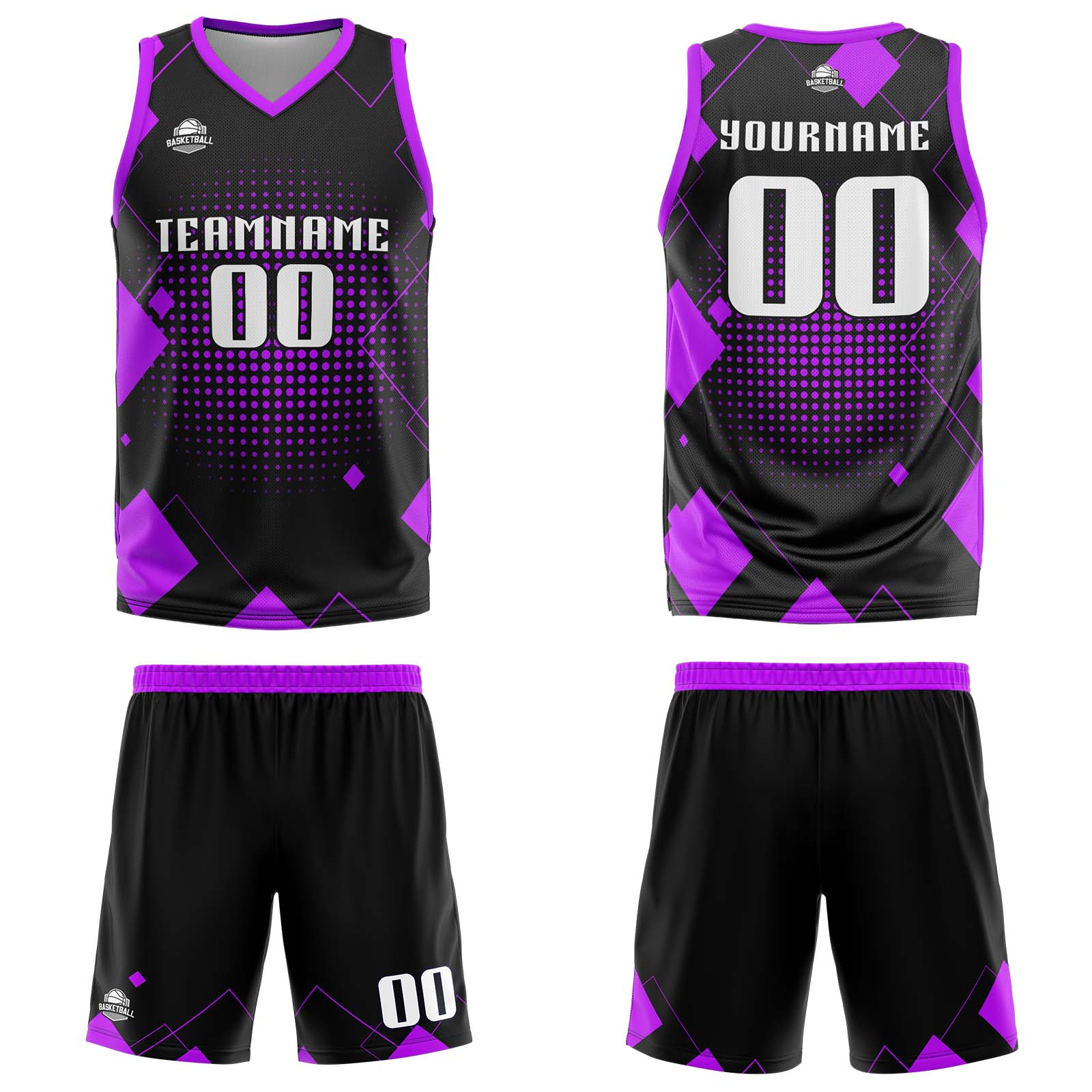 Uniforme de baloncesto morado con diseño geométrico personalizado-estampado con tu logotipo-nombre y número