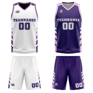 Traje de baloncesto reversible personalizado blanco-morado y rosa para adultos y niños