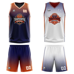 Traje de baloncesto reversible personalizado azul marino-naranja y blanco para adultos y niños
