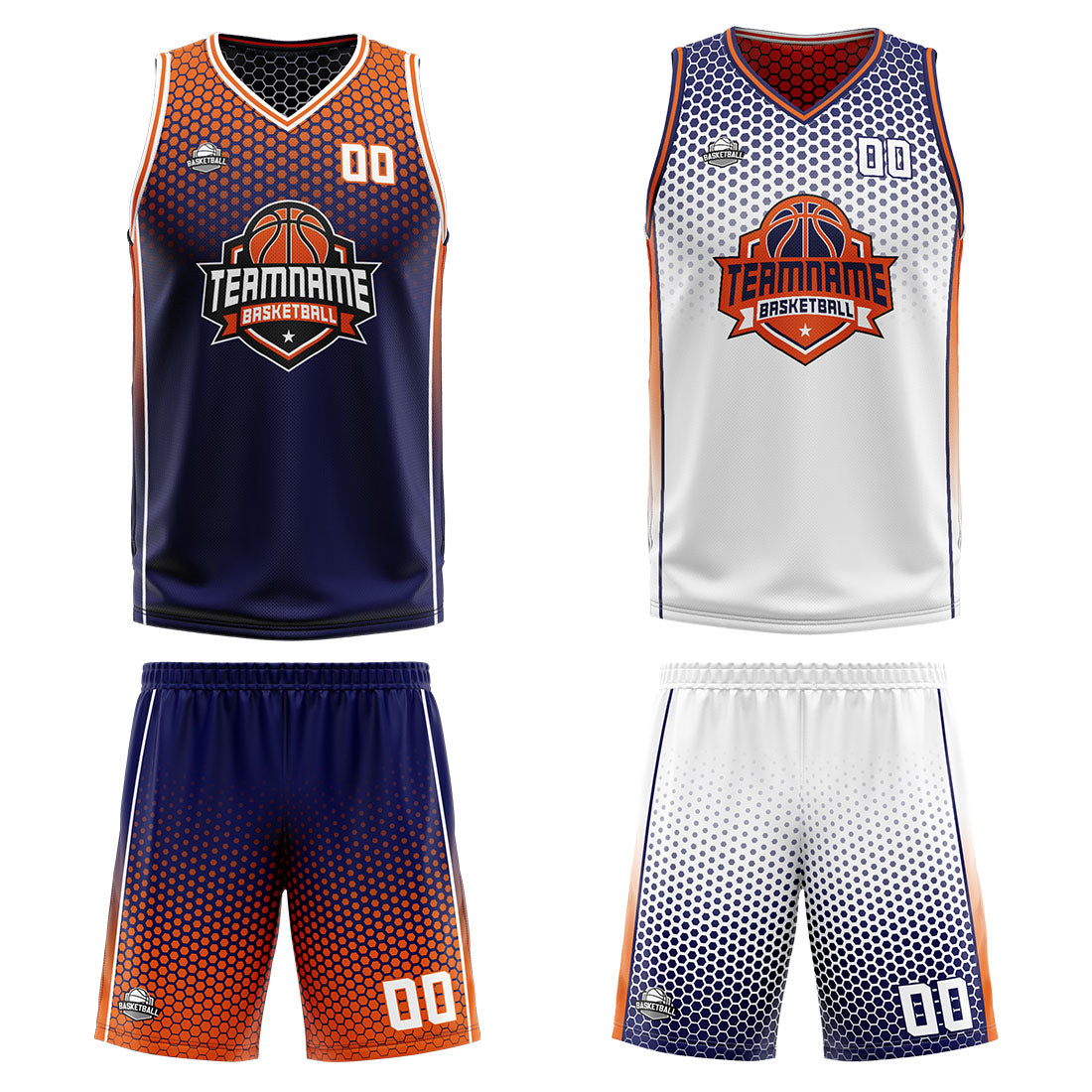 Traje de baloncesto reversible personalizado azul marino-naranja y blanco para adultos y niños