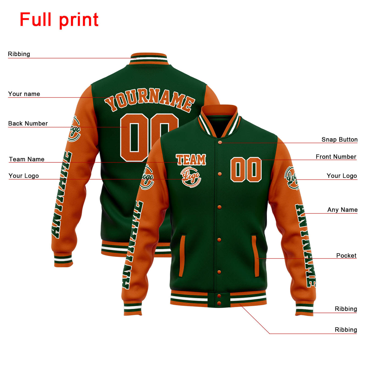 Chaqueta universitaria personalizada estilo Letterman para hombres-mujeres y jóvenes-color verde oscuro y naranja