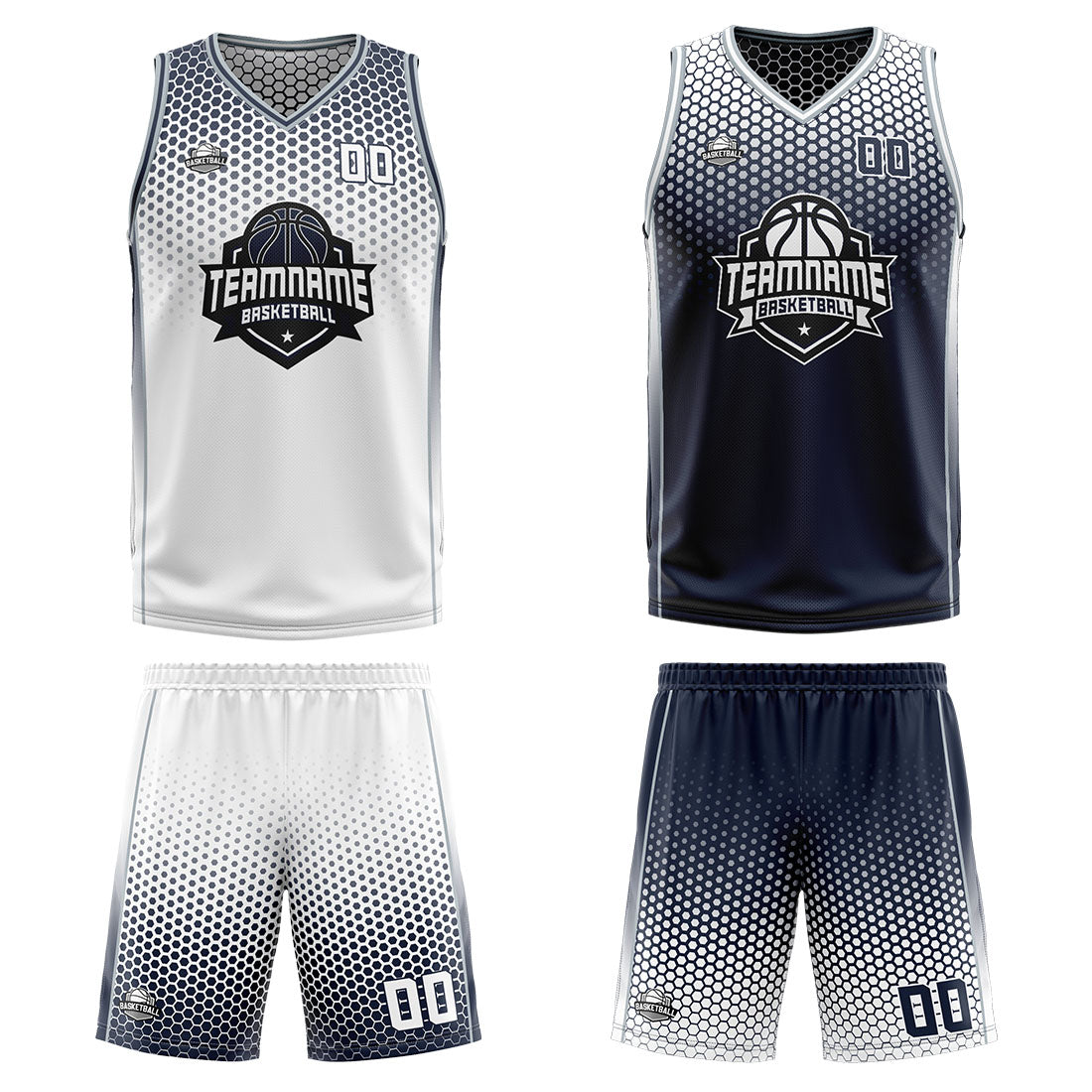 Traje de baloncesto reversible personalizado en blanco-azul marino y gris para adultos y niños