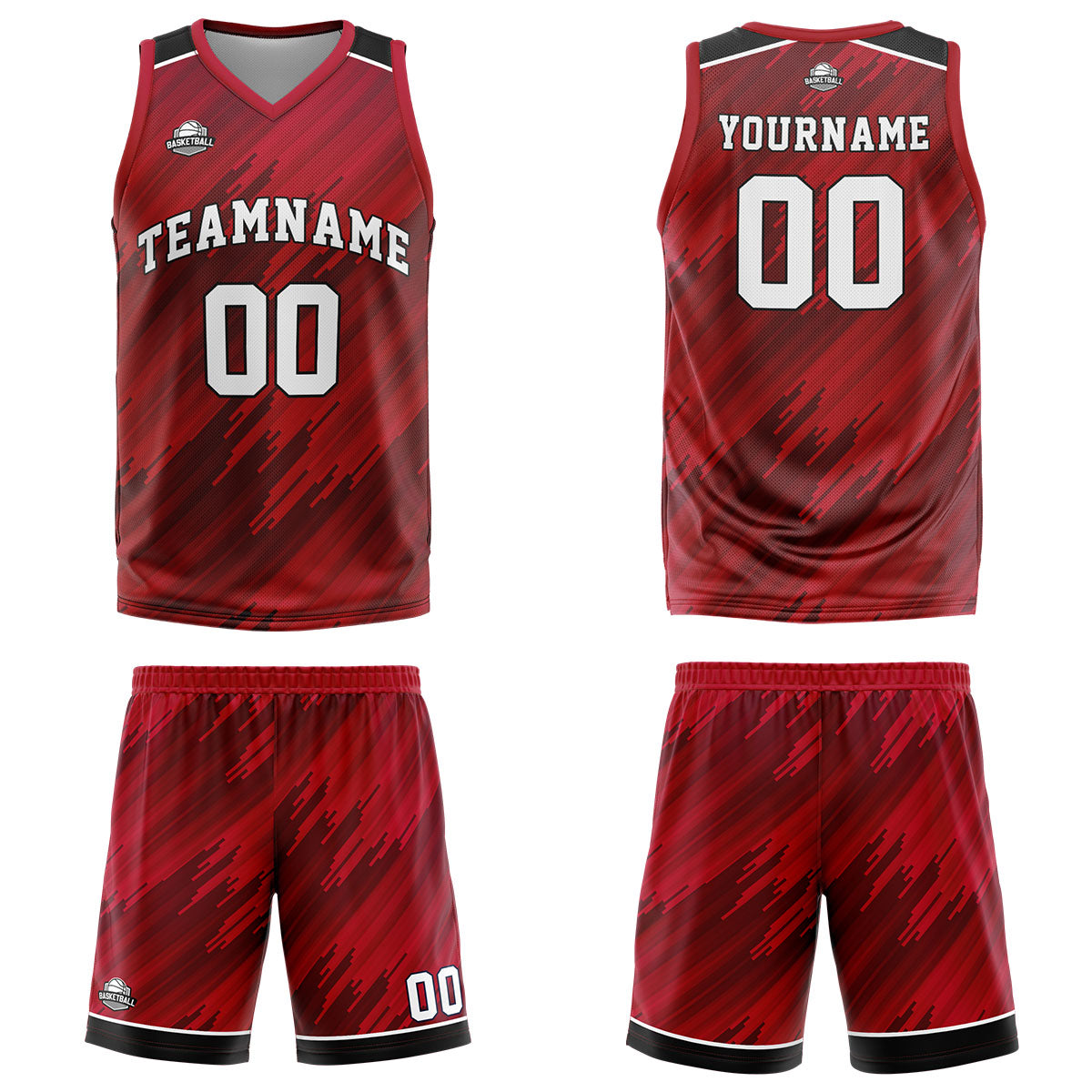 Uniforme de baloncesto rojo tipo rayas personalizado con su logotipo-nombre y número impresos