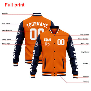 Chaqueta universitaria personalizada estilo Letterman para hombres-mujeres y jóvenes-color azul marino y naranja