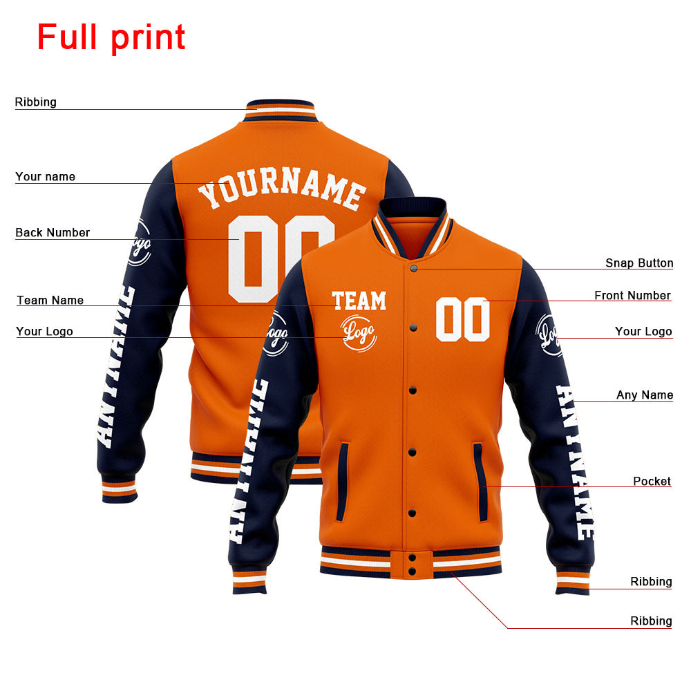 Chaqueta universitaria personalizada estilo Letterman para hombres-mujeres y jóvenes-color azul marino y naranja