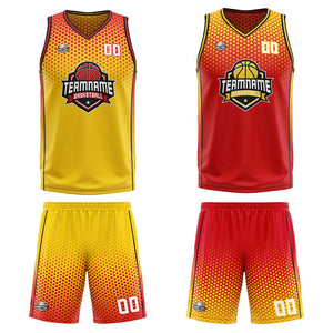 Traje de baloncesto reversible personalizado amarillo-rojo y negro para adultos y niños