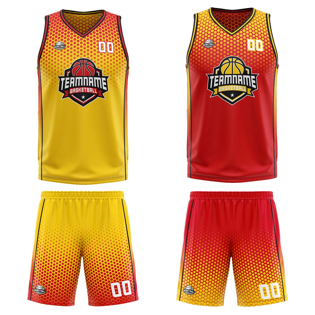 Traje de baloncesto reversible personalizado amarillo-rojo y negro para adultos y niños