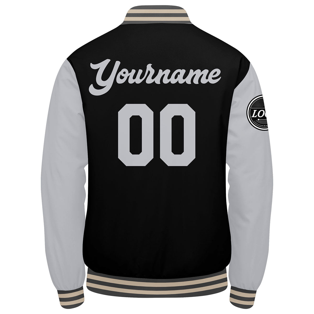 Chaqueta universitaria personalizada estilo Letterman para hombres-mujeres y jóvenes en color gris-negro y crema