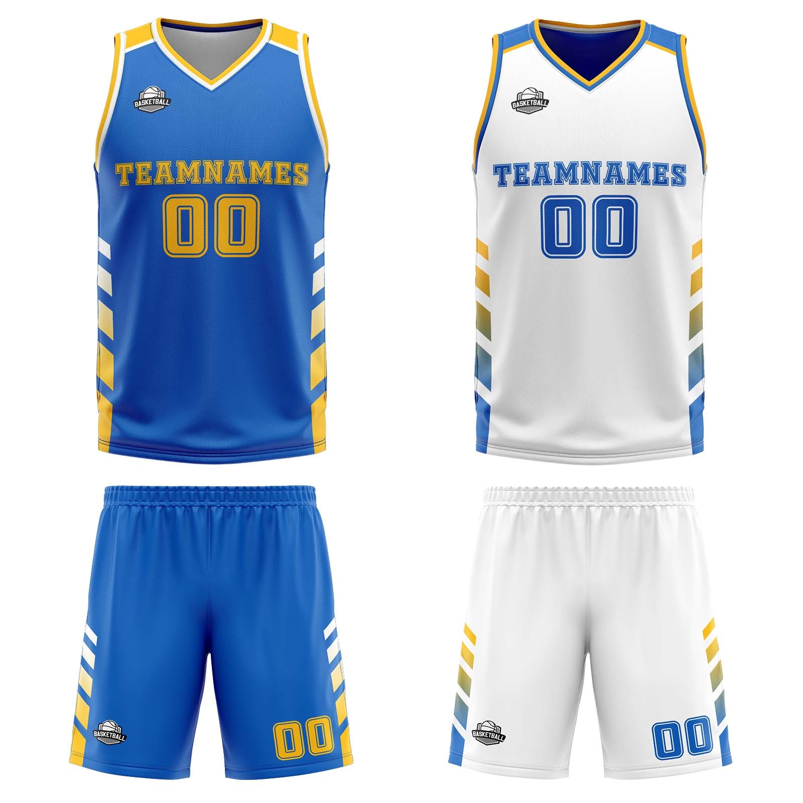 Traje de baloncesto reversible azul-blanco y amarillo personalizado para adultos y niños