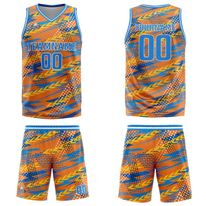 Uniforme de baloncesto personalizado naranja y azul con tu logotipo-nombre y número impresos