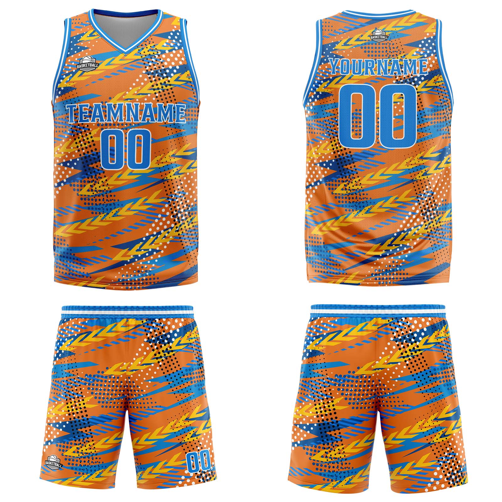 Uniforme de baloncesto personalizado naranja y azul con tu logotipo-nombre y número impresos