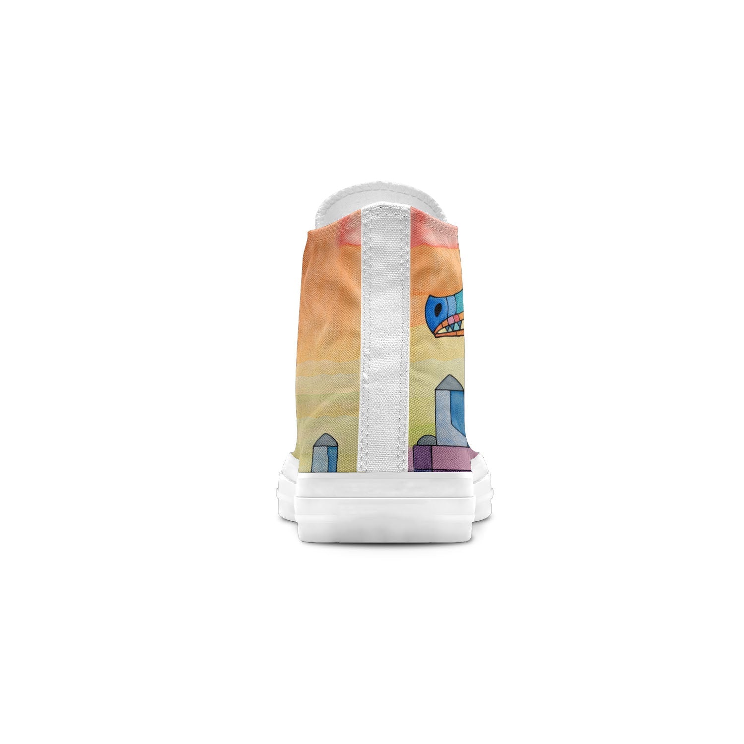 Dino Dreamscape: Zapatillas unisex de lona de media caña -Embárcate en un viaje a través de un mundo artístico con divertidos estampados de dinosaurios para hombres y mujeres
