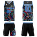 Uniforme de baloncesto azul con diseño geométrico personalizado y dañado-impreso con tu logotipo-nombre y número