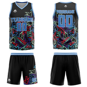 Uniforme de baloncesto azul con diseño geométrico personalizado y dañado-impreso con tu logotipo-nombre y número