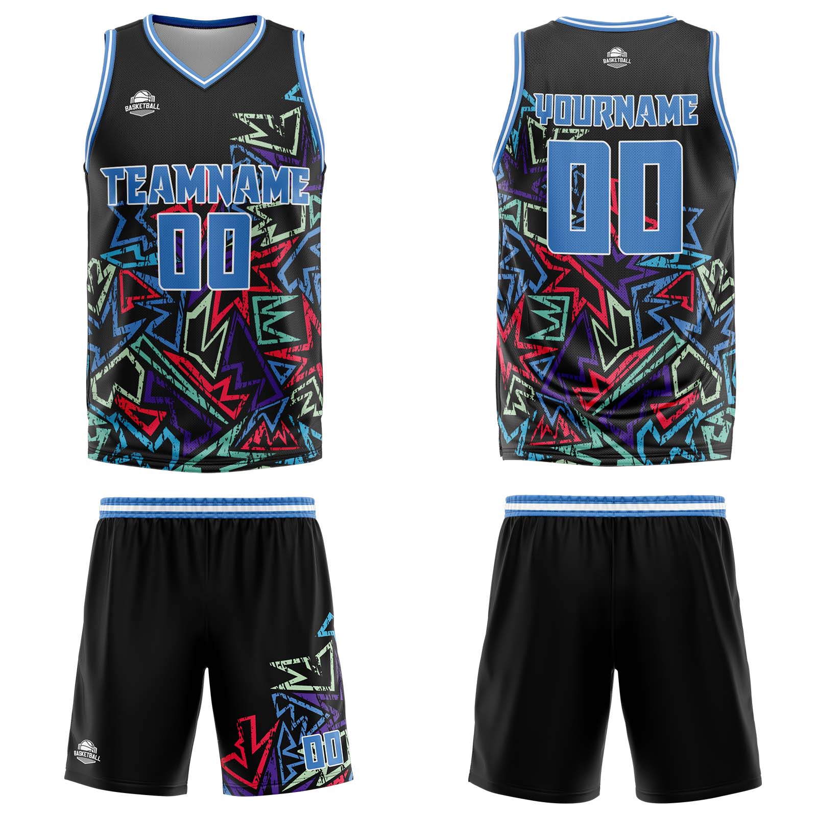 Uniforme de baloncesto azul con diseño geométrico personalizado y dañado-impreso con tu logotipo-nombre y número