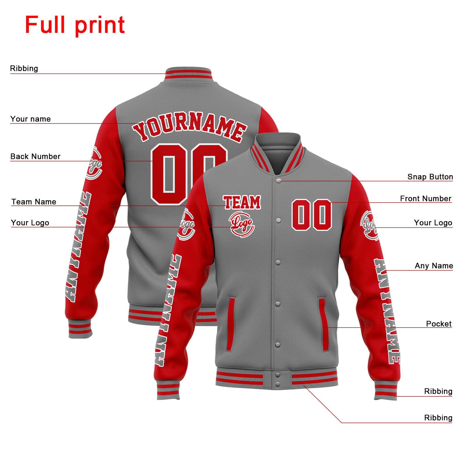 Chaqueta universitaria personalizada estilo Letterman para hombres-mujeres y jóvenes-color gris y rojo