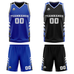 Traje de baloncesto reversible azul-negro y blanco personalizado para adultos y niños