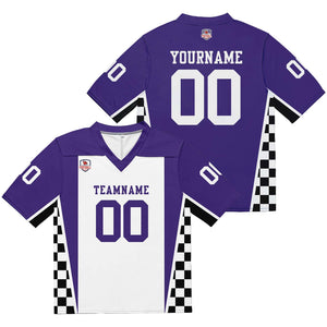 Camiseta de fútbol personalizada con nombre y número del equipo bordados-color morado y blanco