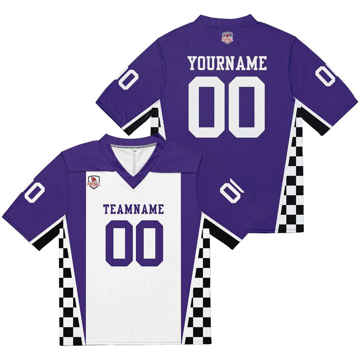 Camiseta de fútbol personalizada con nombre y número del equipo bordados-color morado y blanco