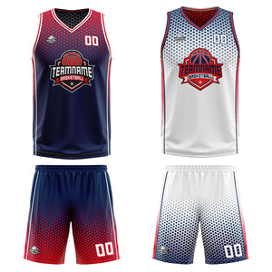 Traje de baloncesto reversible azul marino-rojo y blanco personalizado para adultos y niños