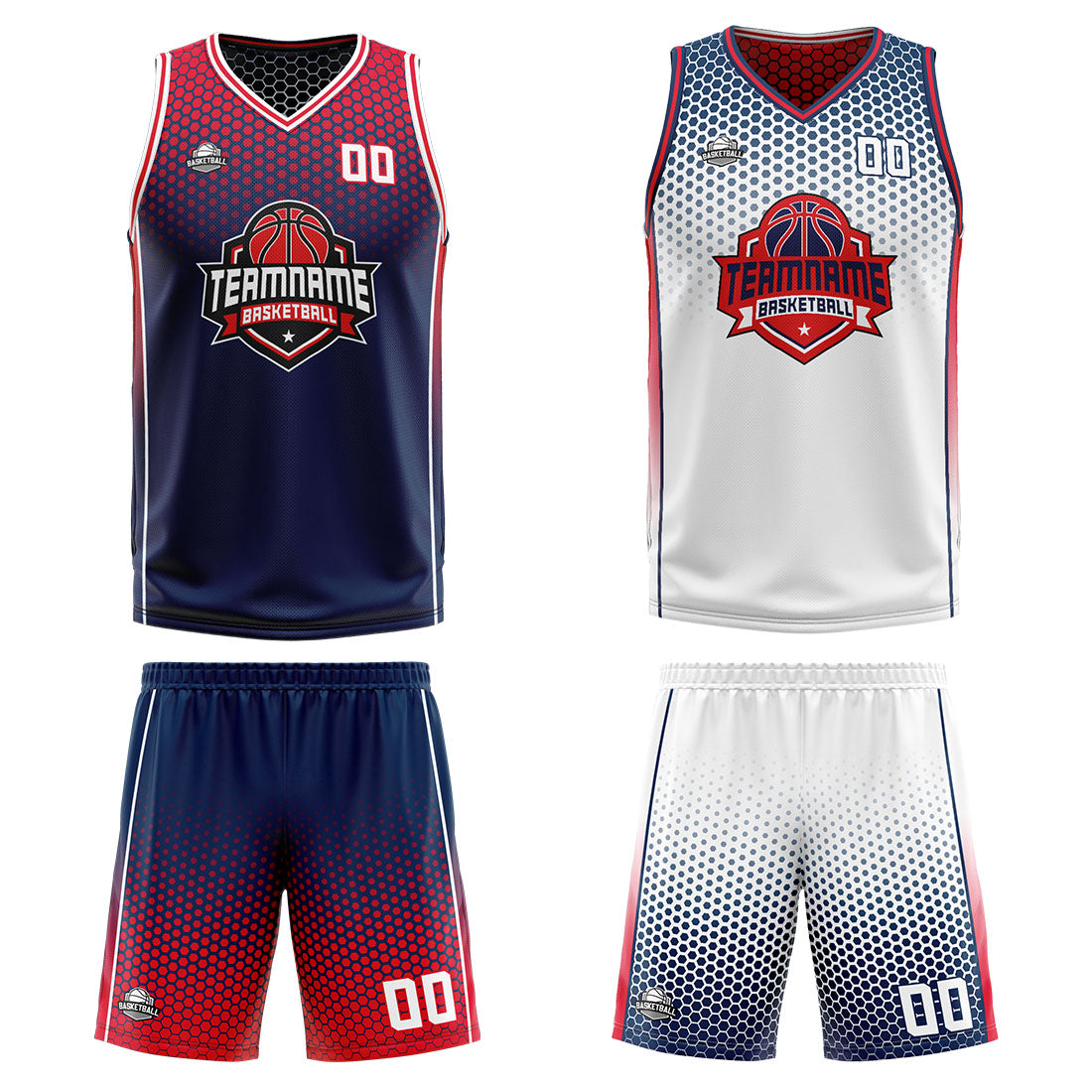 Traje de baloncesto reversible azul marino-rojo y blanco personalizado para adultos y niños
