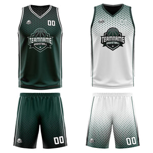 Traje de baloncesto reversible personalizado en verde oliva-blanco y negro para adultos y niños