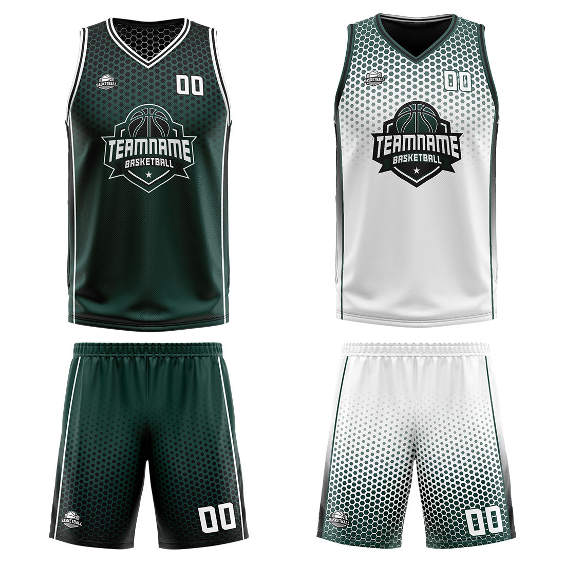 Traje de baloncesto reversible personalizado en verde oliva-blanco y negro para adultos y niños