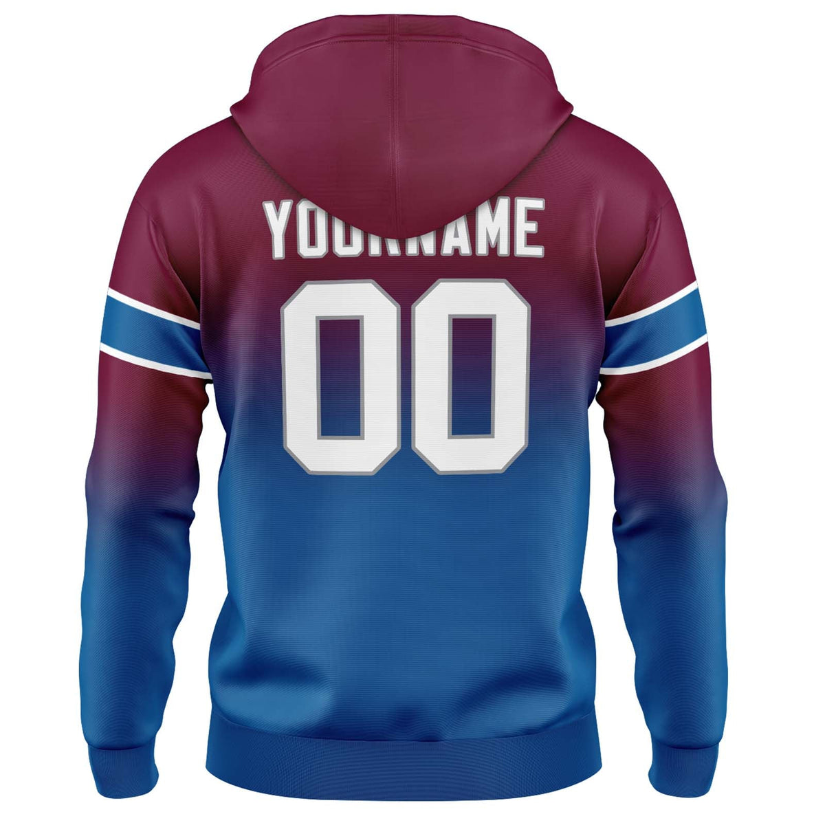 Sudadera con capucha personalizada con degradado para hombre-mujer-niña o niño Estampa tu logotipo-nombre y número en color burdeos y azul