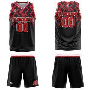 Uniforme de baloncesto personalizado en negro y rojo con tu logotipo-nombre y número impresos