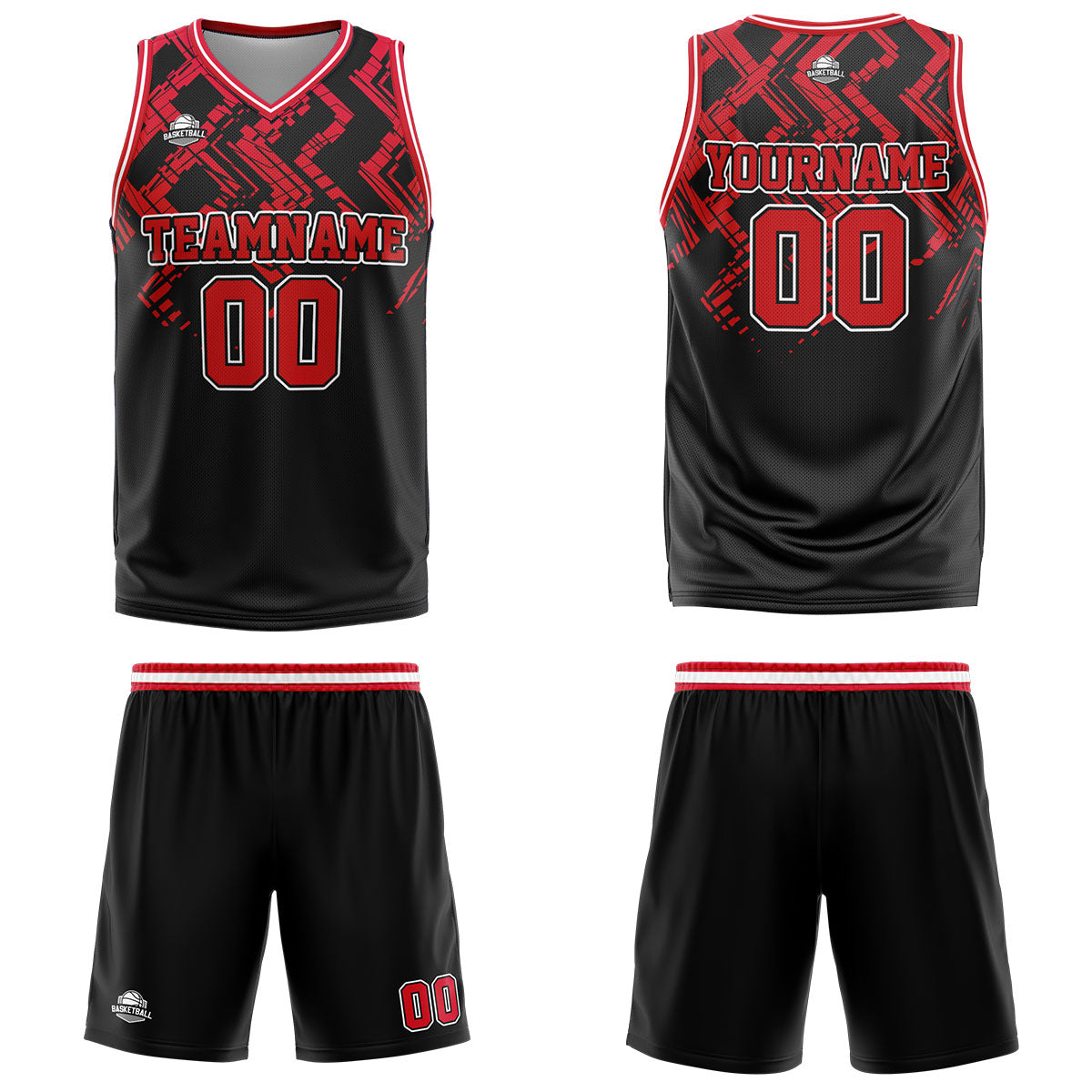 Uniforme de baloncesto personalizado en negro y rojo con tu logotipo-nombre y número impresos