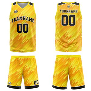Uniforme de baloncesto amarillo personalizado tipo rayas con su logotipo-nombre y número impresos