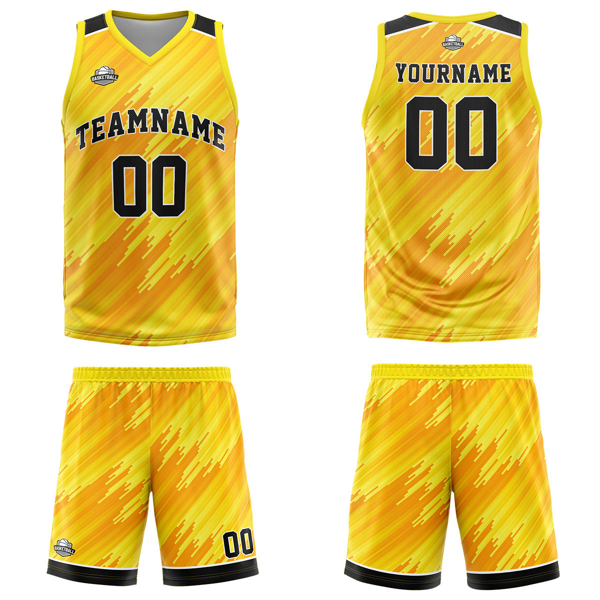 Uniforme de baloncesto amarillo personalizado tipo rayas con su logotipo-nombre y número impresos