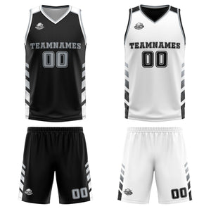Traje de baloncesto reversible personalizado en negro-blanco y gris para adultos y niños