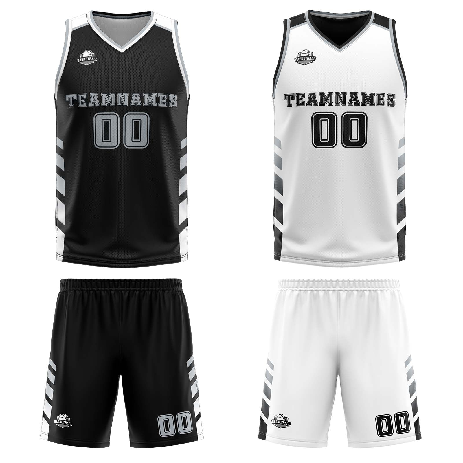 Traje de baloncesto reversible personalizado en negro-blanco y gris para adultos y niños