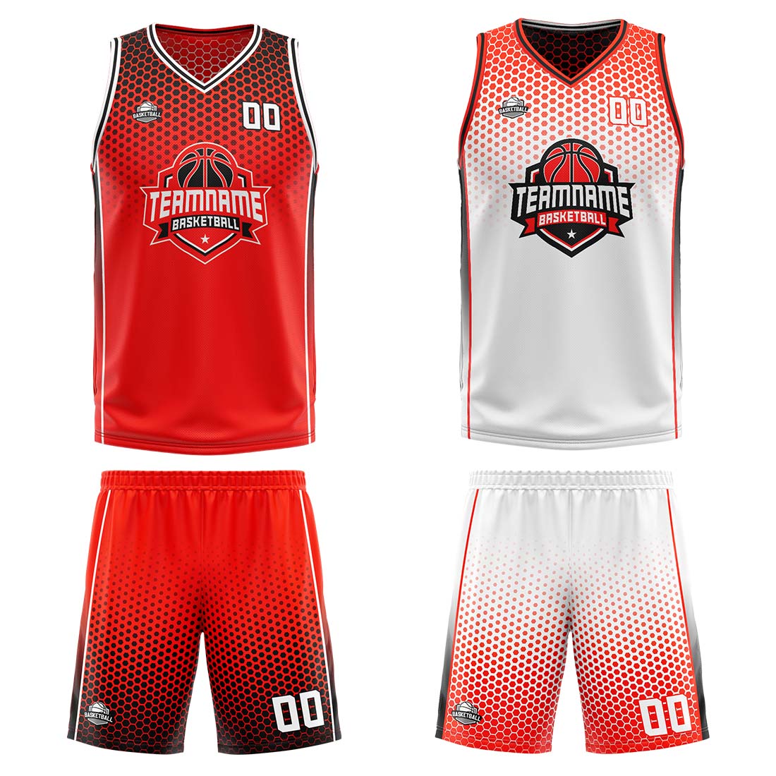 Traje de baloncesto reversible rojo-negro y blanco personalizado para adultos y niños