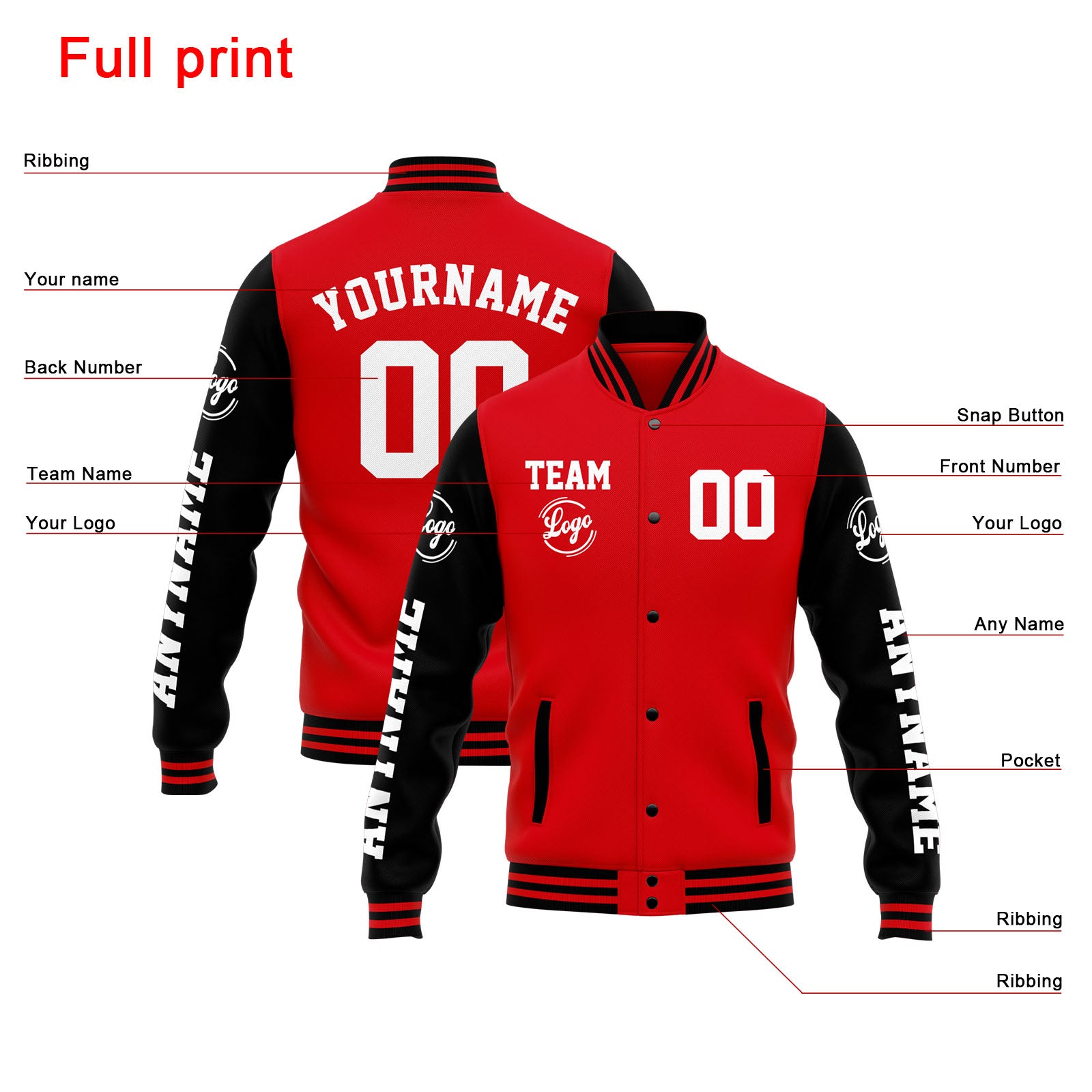 Chaqueta universitaria personalizada estilo Letterman para hombres-mujeres y jóvenes-color rojo y negro