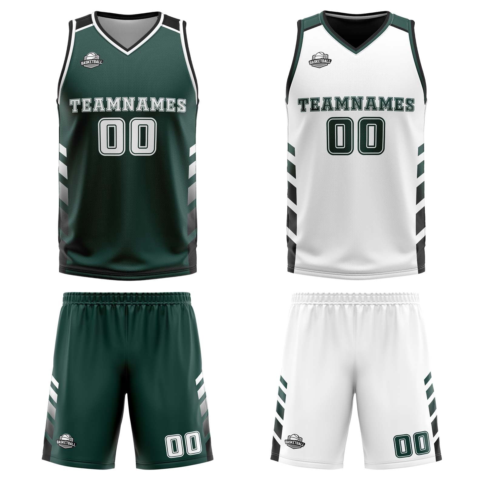 Traje de baloncesto reversible personalizado en verde oscuro-blanco y negro para adultos y niños