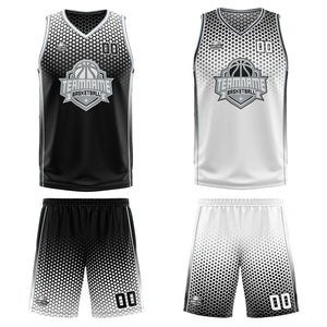 Traje de baloncesto reversible personalizado en negro-blanco y gris para adultos y niños