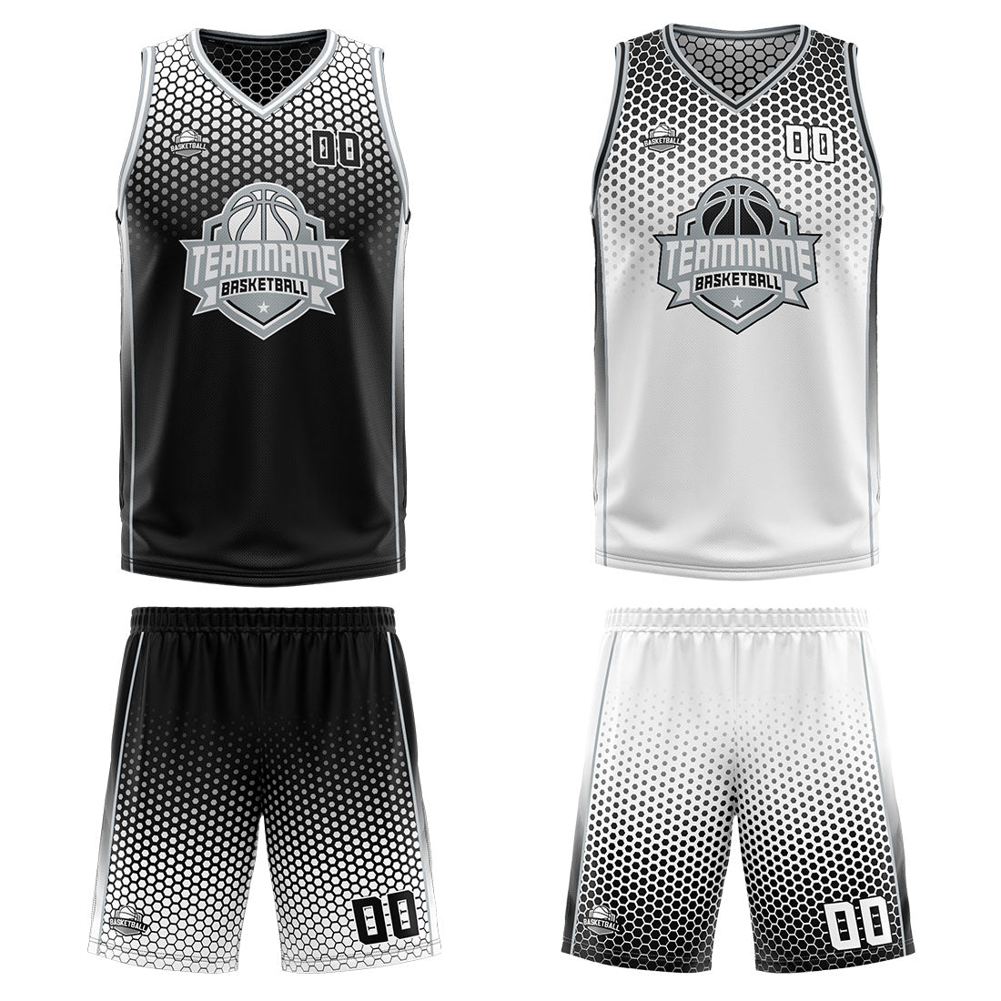Traje de baloncesto reversible personalizado en negro-blanco y gris para adultos y niños