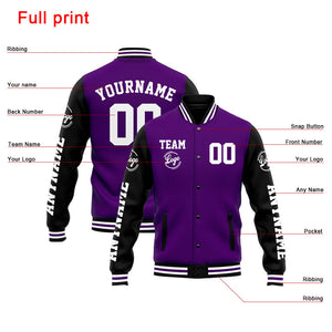 Chaqueta universitaria personalizada estilo Letterman para hombres-mujeres y jóvenes-color morado y negro